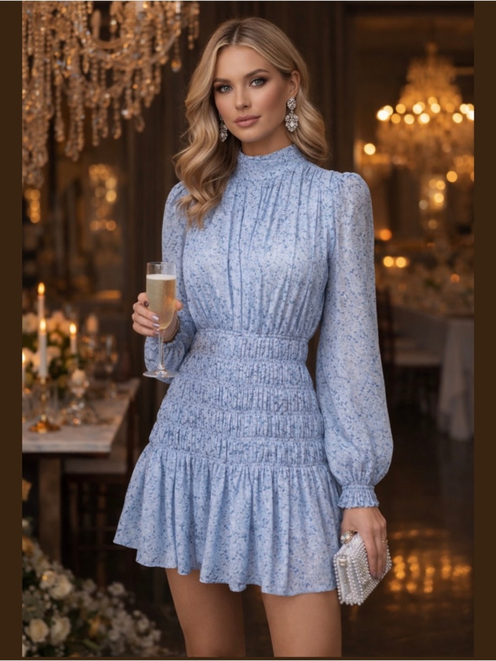 House of Harlow 1960 Light Blue Floral Long-Sleeve Sexy Mini Dress